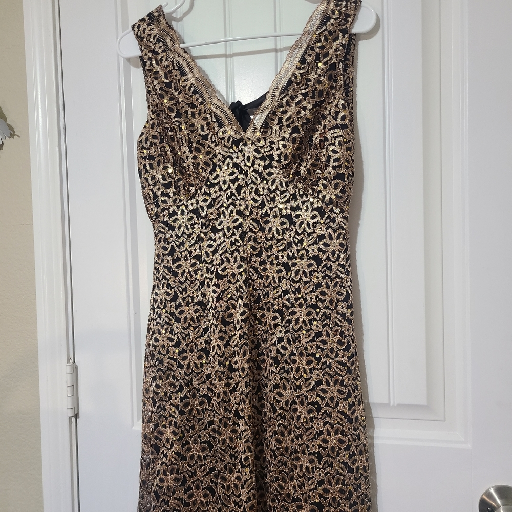 Candalate Formal maxi dress women black and Mettalic Gold with lace layover